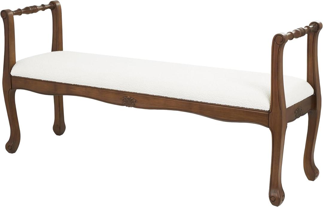 Deco 79 Fabric Home Bench Arm Entryway Bench with Brown Traditional Wood Turned Legs, Bedroom Bench 55" x 16" x 27", Cream
