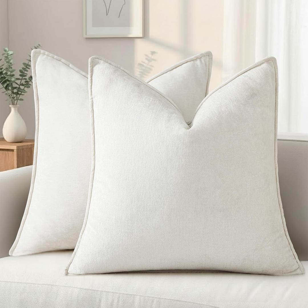 decorUhome Summer Couch Throw Pillow Covers 18x18 Set of 2, Decorative Soft Velvet Modern Cozy Chenille Pillow Cases with Elegant Design for Sofa Bed Living Room Home Decor, Cream White