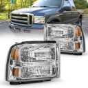 AS Headlight Assembly Compatible with 2005 2006 2007 05 06 07 Ford F250 F350 F450 F550 Headlamp Passenger & Driver Side, Chorme Housing with Amber Reflector
