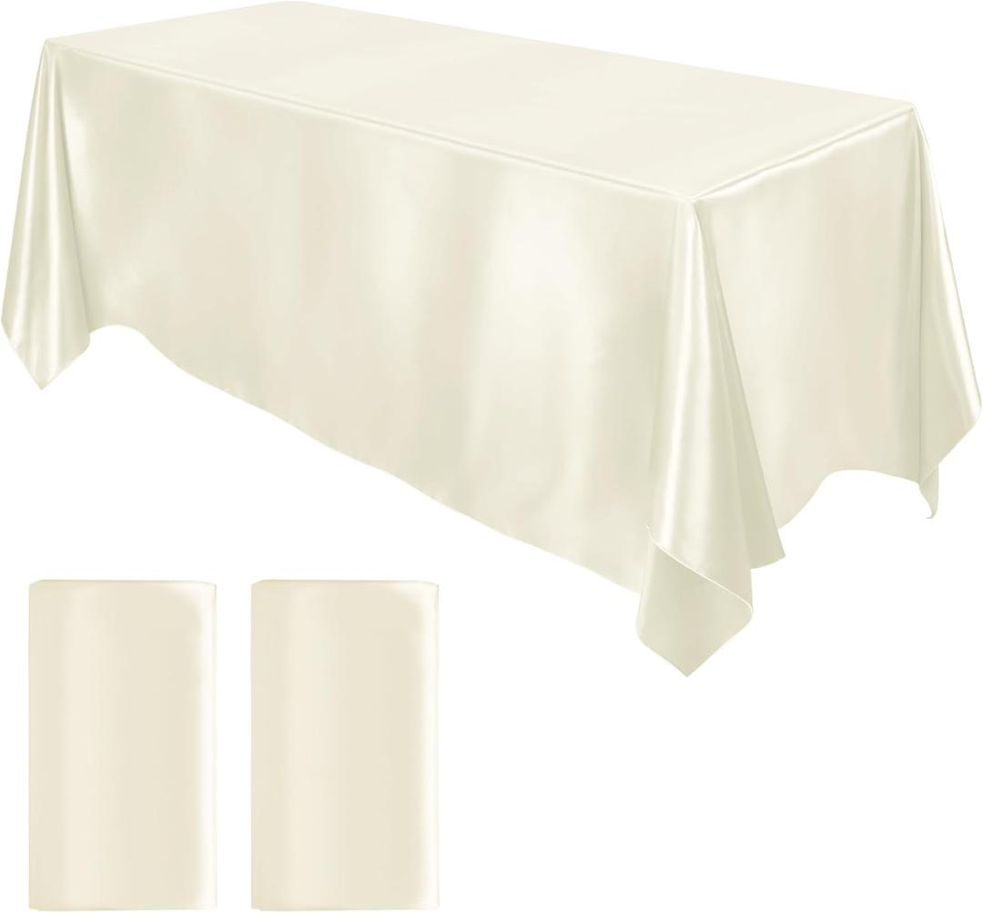 MCEAST 2 Packs Satin Tablecloth 102 x 58 Inches Rectangular Table Overlay Cover Bright Silk Tablecloth Smooth Fabric Table Decor for Wedding Banquet Decoration (Ivory)