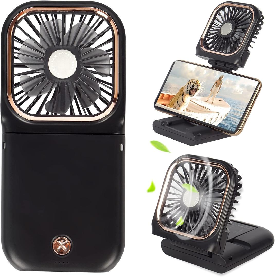 Portable Mini Fan - 5 in 1 with Power Bank, Phone Holder, Handheld & Desk Fan - USB Rechargeable, 3000 mAh Power Bank, 3 Speed Adjustable, Neck Lanyard - Black