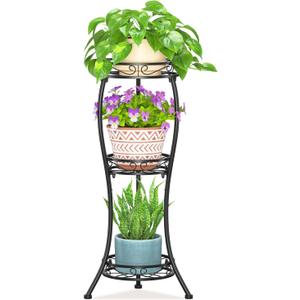 LASZOLA Black 3 Tier Tall Plant Stand for Indoor Outdoor, Large Multiple Level Flower Planter Holder Organizer Rack for Patio Office Bathroom Corner Floor, Sturdy Heavy Duty Metal, Vertical Display