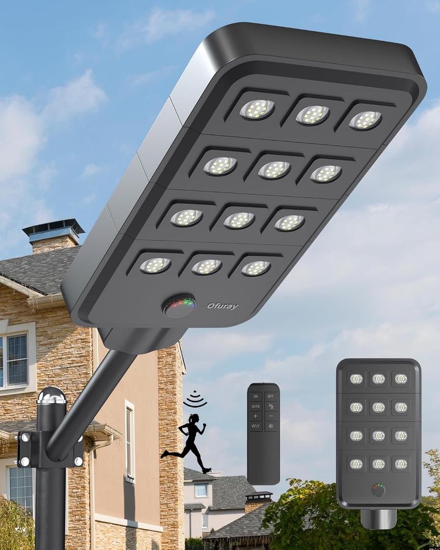 Ofuray Of-12600W Solar Street Lights Outdoor, 6500K Commercial Dusk to Dawn Flood Light with Motion Sensor, IP67 Waterproof 120LED High Power Security Lighting for Parking Lot, Yard