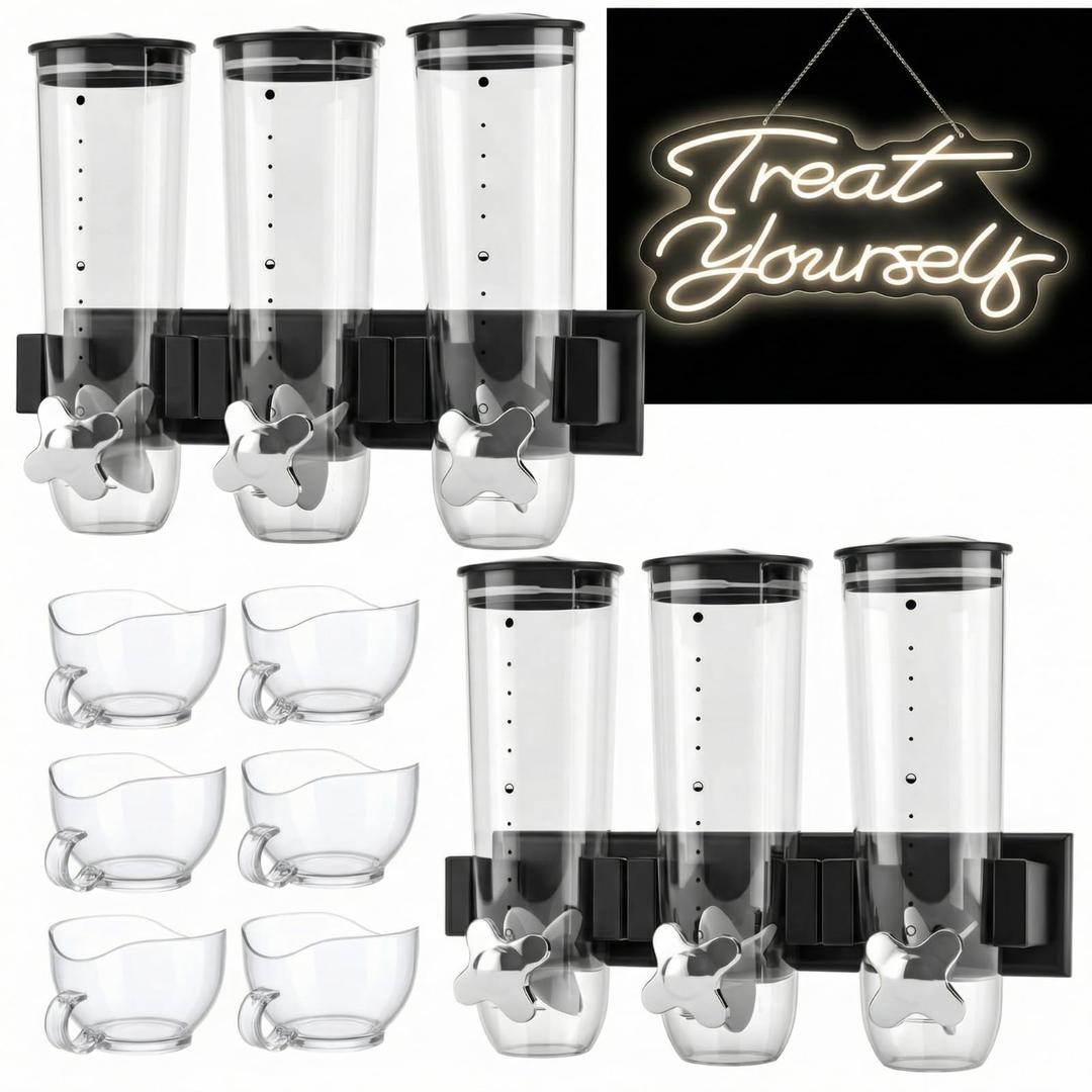 Lounsweer 9 Pcs Wall Mounted Cereal Dispenser with 1pcs Treat Yourself Neon Signs 13.5 L Candy Machine Grain Dispenser Neon Snack Sign Wall Mount for Home Kitchen Food Store Birthday Gift Party Decor
