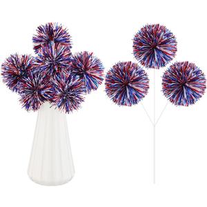 6 Pcs 4th of July Fireworks Pom Pom Picks Decorations Patriotic Vase Filler 250th anniversary Memorial Day Table Decor Red White Blue Independence Day Stem Pick Decor for Home Vase(Mixed Colors)