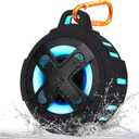 Upgraded, Bluetooth Speaker, Shower Speaker, Certified IP67 Waterproof, Silicone Case, 10W Pro Sound & Deep Bass, 24Hrs Playtime, Lights, Small Wireless, Portable Clip, for Beach Kayak Camping Gifts (Black)
