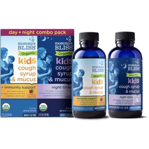 Mommy's Bliss Organic Cough Syrup & Mucus for Kids, Day and Night Combo Pack with Vitamin C and Immunity Support, Contains Organic Honey and Ivy Leaf, 4 Fl Oz, Pack of 2, Best By: 08/2025