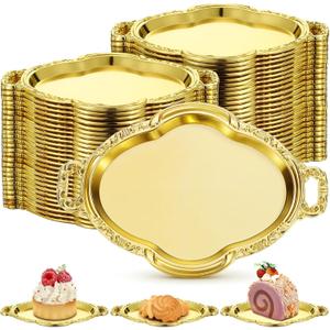 50 Pcs Oval Mini Baroque Dessert Display Tray Mini Elegant Plastic Serving Tray Small Cake Candy Plates for Weddings Party Bridal Baby Shower, Birthday, Candy Jars Decorations (Gold)