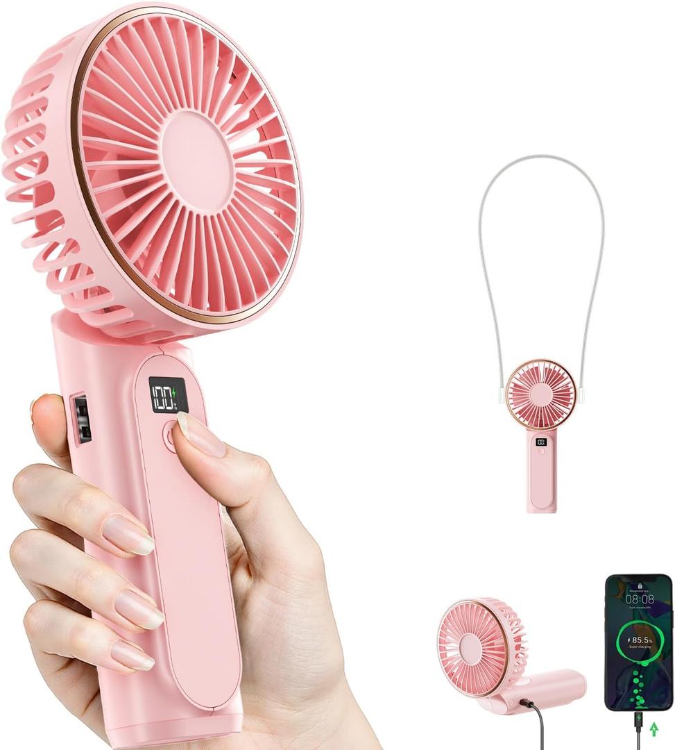 Portable Handheld Fan, 4000mAh, 180 Adjustable, 6 Speed Wind, USB Rechargeable Foldable Fan with Real-Time Display (Pink)