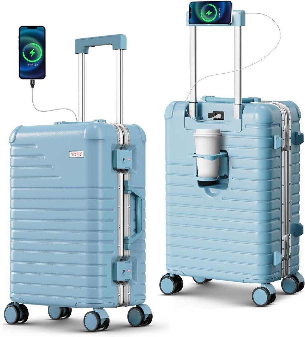 28 Inch Large Checked Luggage with Cup Holder, Aluminum Frame PC Hard Shell Suitcase, 360° Spinner Wheels, TSA Lock for Short Trips and Business Travel