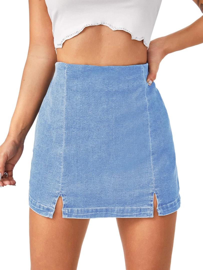 Floerns Women's Casual Split Hem High Waist Denim Skorts Skirt Shorts (Blue, L)