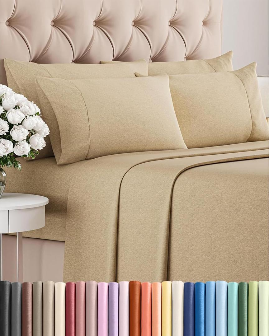King 6 Piece Sheet Set - Comfy, Breathable & Cooling - Soft Hotel Luxury Bedding for Women, Men, Kids, Teens and Children - 1 Flat & 1 Fitted Sheet & 4 Pillowcases with Deep Pockets - Heathered Tan
