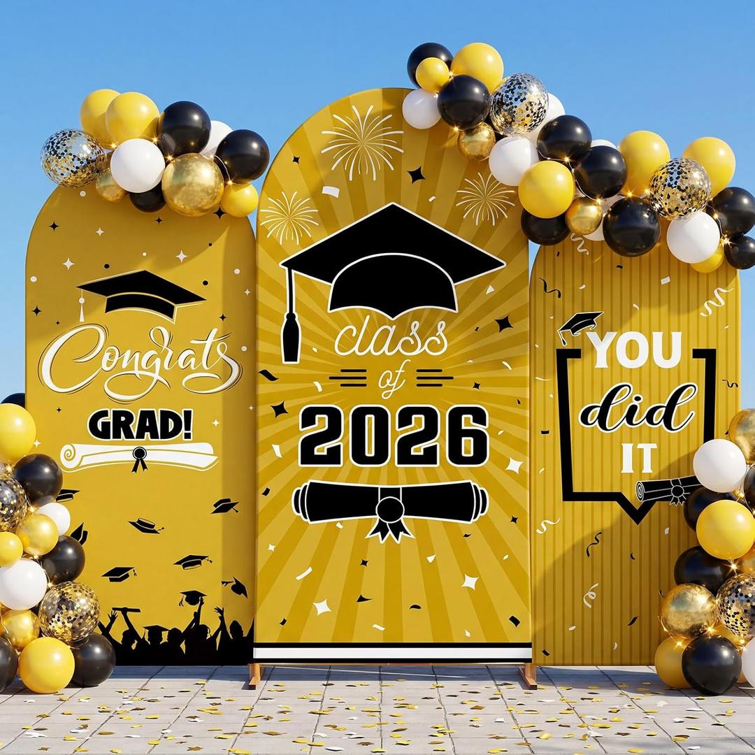 WovWeave Graduation Arch Backdrop Stand Cover Set of 3-4ft 5ft 6ft Grad Arch Cover Photo Booth Backdrop Decorations for Graduation Party Decor Supplies(Yellow Black,Class of 2026)