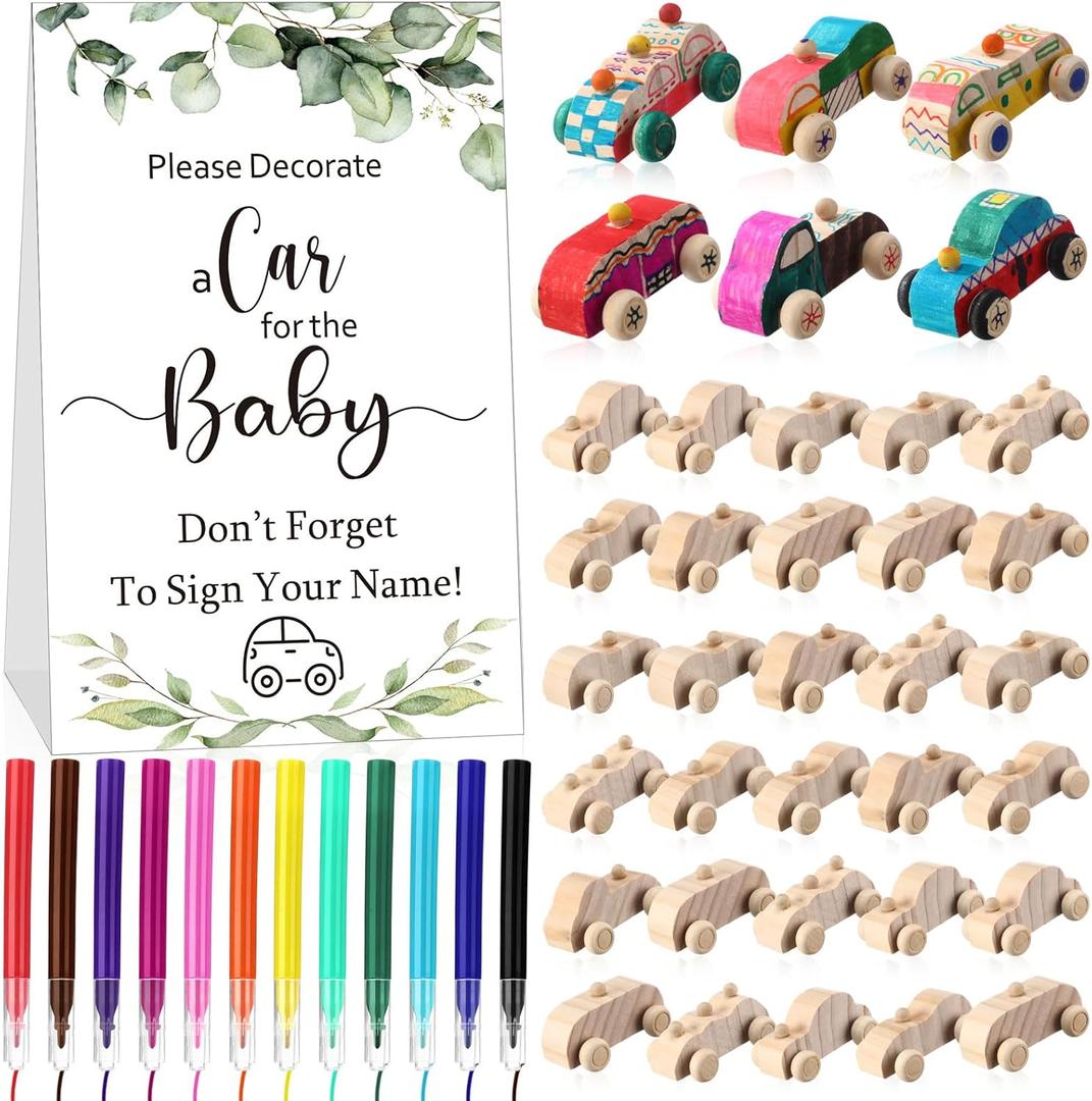 WinnerWhy Baby Shower Game Sign Kit Includes 32 Unfinished Wooden Car Blocks, 12 Markers, and a Prize Decoration Sign for Baby Shower(Leaf)