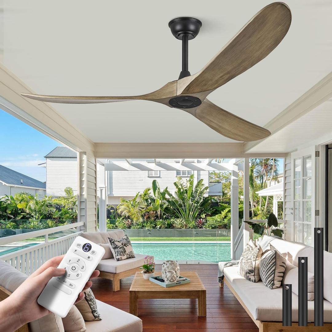 Haipeel 60" Wood Ceiling Fan no Light, 60 Inch Ceiling Fans without Lights with Remote Control, Indoor Outdoor Ceiling Fan no Light for Rustic Porch Propeller 3 Blade, ETL Quiet DC Motor, Bronze Gray