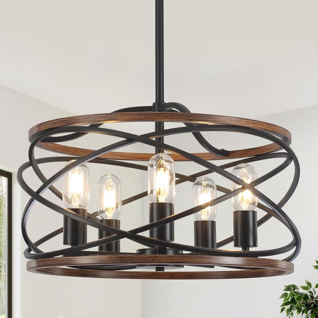 19.7'' Farmhouse Industrial Chandelier for Dining Room - 5-Light Rustic Black and Brown Metal Wood Texture Drum Chandeliers Hanging Light Fixture for Entryway Kitchen Foyer Bedroom Living Room