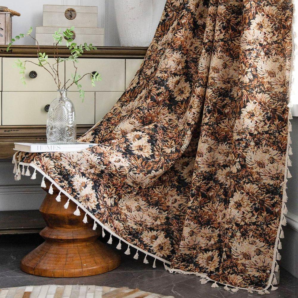 1Panel Boho Style Linen Tassel Curtain for Living Room,Bedroom,Vintage Light Filtering Floral Drapes,Semi Sheer Rod Pocket Aesthetic Home Decor Window Treatments,C,59W×94L1P