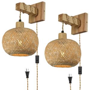Bamboo Plug in Wall Sconces Set of Two, Hand Woven Boho Wall Lamp Plug in Cord Wall Sconces for Bedroom Living Room Farmhouse