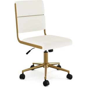 Martha Stewart Lulu Swivel Task Chair with Height Adjustable Seat for Home Office in Off White Faux Leather with Polished Brass Frame