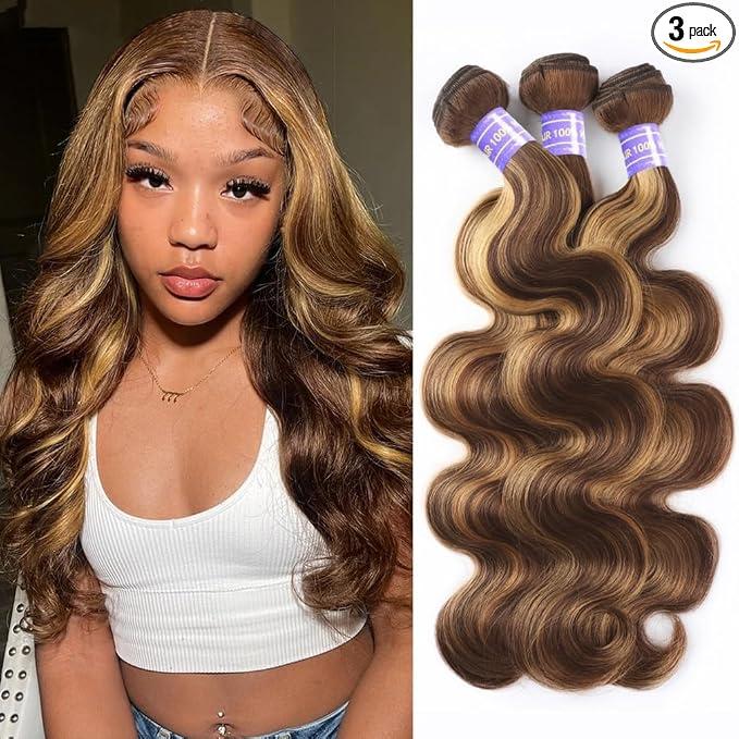 Ombre Human Hair Bundles Body Wave P4/27 Honey Blonde Bundles Highlight Brown Colored 3 Bundles 14 16 18 Inches 12A 100% Brazilian Virgin Remy Hair Weft