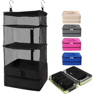 Caroeas Portable Hanging Travel Shelves Bag Suitcase Organizer Carry-on Closet Packing Cubes for Travel, 3-Shelf Suitcase Closet with 2 Hooks, Large Capacity, Black