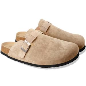 Clogs for Women Suede Soft Leather Clogs Classic Cork Slip on Shoes Antislip Slippers Waterproof Mules House Sandals Buckle Apricot Size 39
