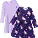 PATPAT Toddler Girl Long Sleeve Dresses 2-Pack Ribbed Cotton & Woven A-Line, Soft Spring Outfits for Girls, 18M10Y (Purple)