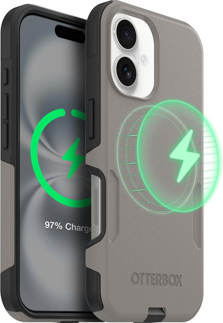 OtterBox iPhone 16 (Only) Commuter Series Case Built-in MagSafe Thin, Dual-Layer, Pocket-Friendly, Port Cover Pompeii Grey (Grey/Black)