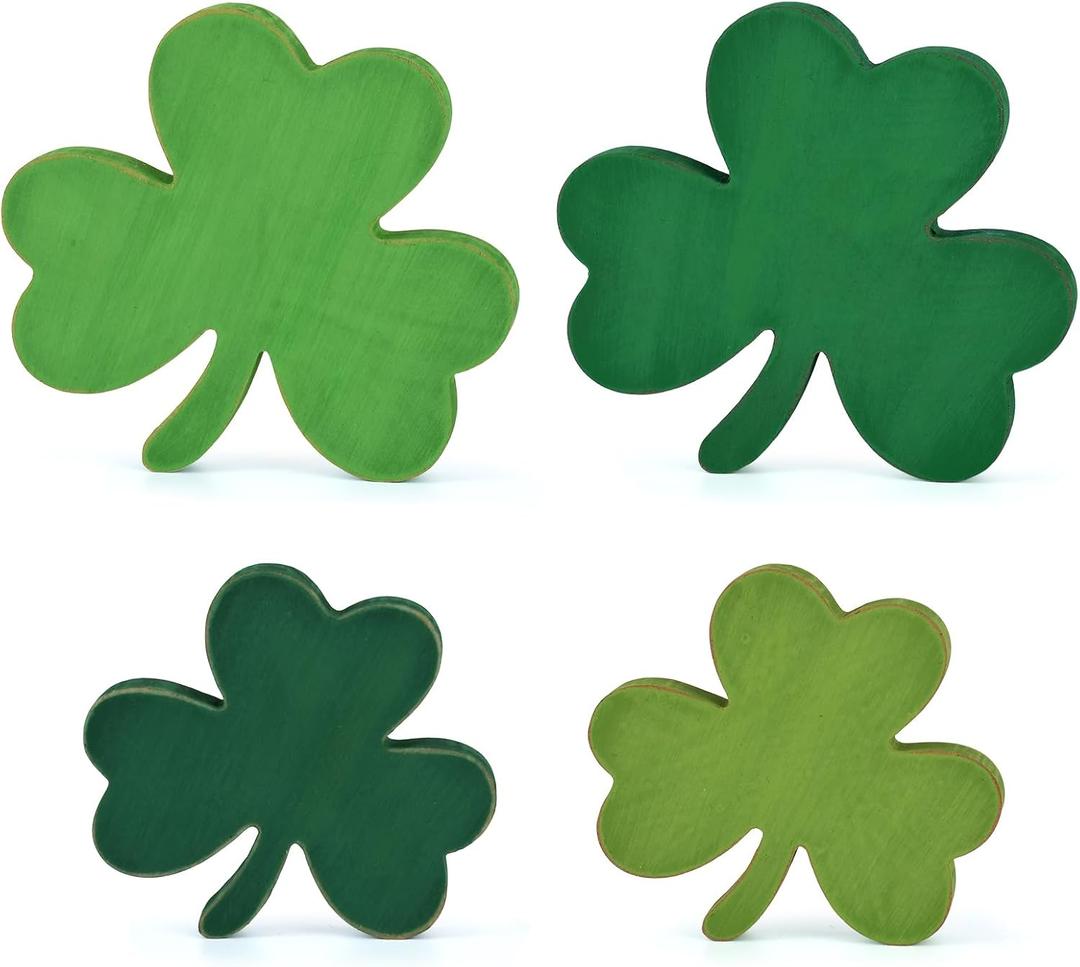 2 x St. Patrick's Day Shamrock Decorations, Wooden Saint Patrick Day Irish Ornament Wood Sign Tiered Tray Decor Set of 4, Green Clover Table Top Decoration for Home, Shelf, Door, Office Party