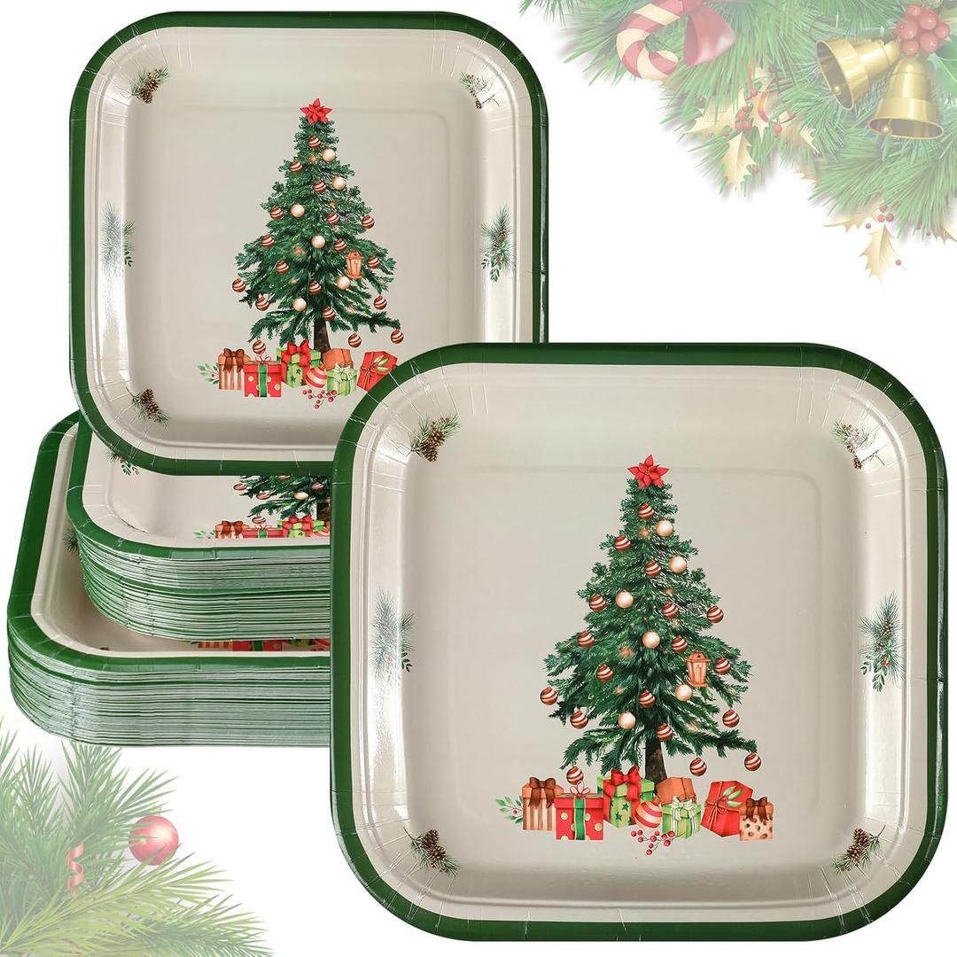 Umigy Paper Christmas Plates, 100 Pcs Disposable Square Plates Set, 50 x 9'' Dinner + 50 x 7'' Dessert, Green Tree Design, Festive Winter Holiday Party Supplies