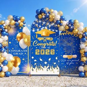 WovWeave Graduation Arch Backdrop Stand Cover Set of 3-4ft 5ft 6ft Grad Arch Cover Photo Booth Backdrop Decorations for Graduation Party Decor Supplies(Blue Gold,Congrats)