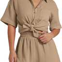 Kissonic Women's 2 Piece Outfits Track Suits Matching Sets Loungewear for Vacation Button Down Shirt and Shorts Set (X-Large, Khaki)
