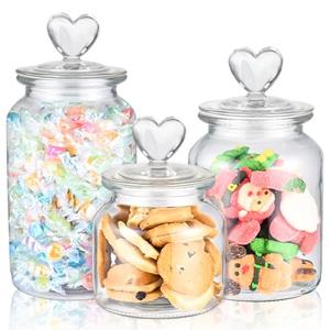 LIANGMIDA Heart Jars with Lids Set of 3 Clear Cute Heart Shaped Candy Jars 22 32 45 oz Food Storage Glass Cookie Jar with Lids Cute containers for Kitchen Decorative Apothecary Canisters