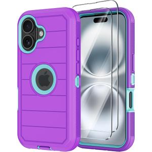 Annymall for iPhone 16 Case with Screen Protector,Heavy Duty 3-Layer Military Grade Drop Protection Cases,Full Body Shock-Absorbing Dust Proof Rugged Bumper Phone Cover for Apple 16 6.1" (Purple)