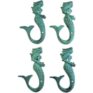 Patina Green Cast Iron Mermaid Wall Hook 6 Inch (Set of 4)