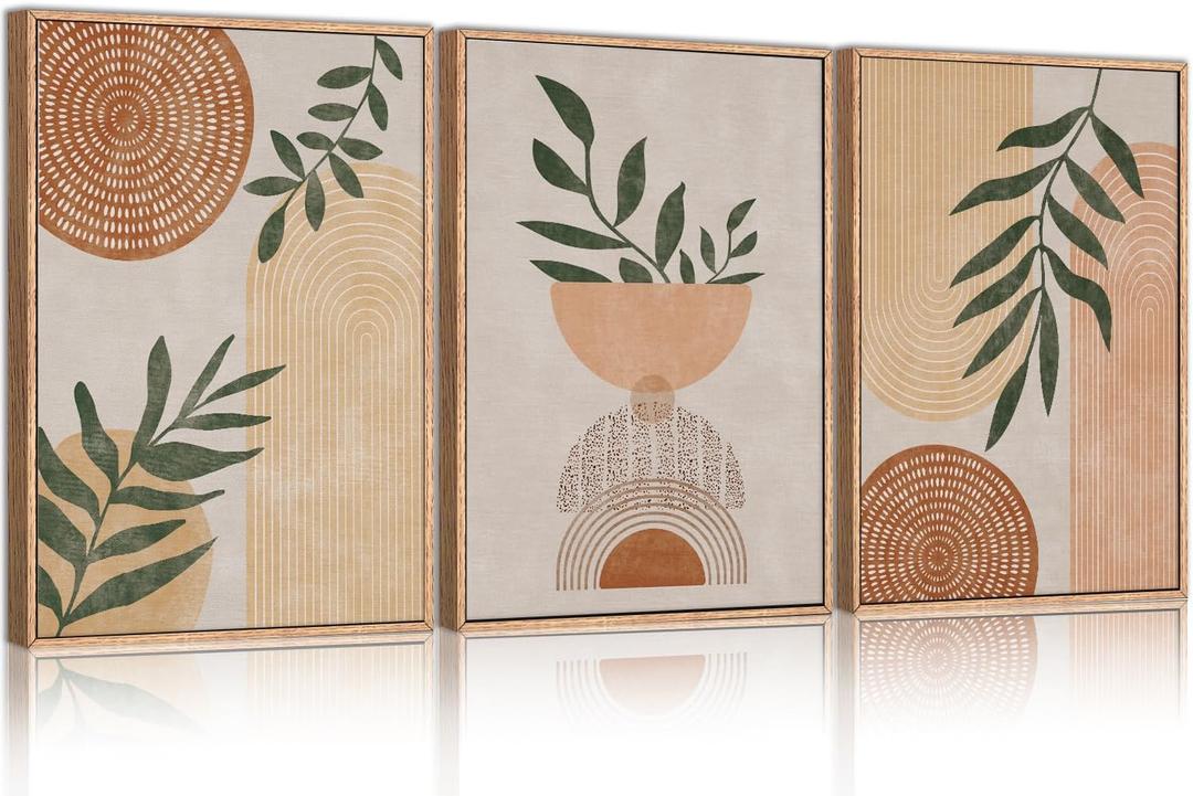 CHDITB Framed Boho Wall Art Set of 3, 16"x24" Mid Century Modern Wall Decor, Bohemian Sun Geometric Painting, Large Abstract Canvas Art Print for Living Room, Bedroom, Dining Room, Office, Bathroom