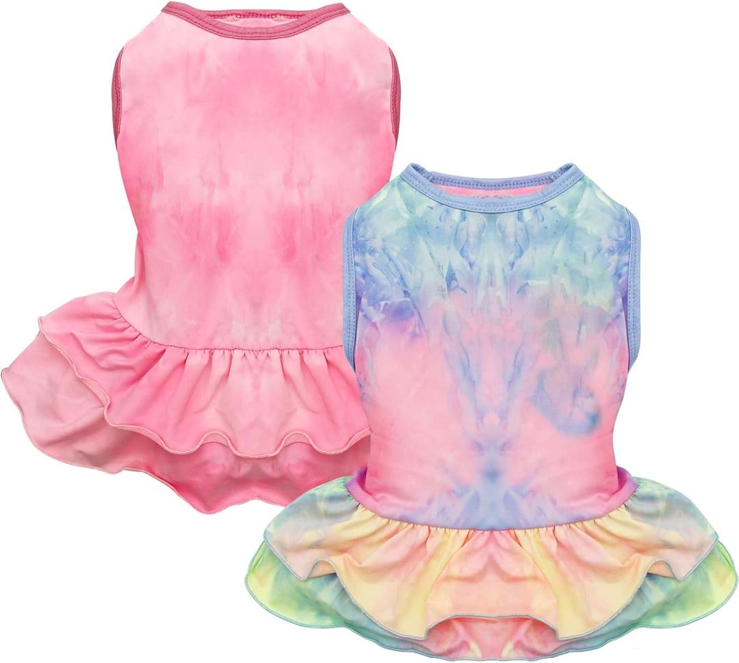 cyeollo 2 Pack Dog Dresses Spring Summer Dog Clothes Dress Breathable Pet Dresses for Small Dogs Girl, Tie Dye Large