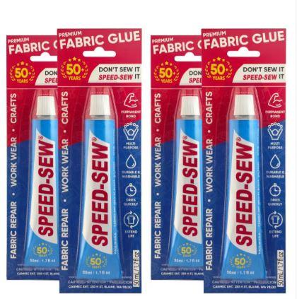 Speed-Sew No Sew Fabric Glue Adhesive for Craft Projects, DIY Clothing Repairs, Denim, Upholstery, Instant Mender for Fraying Tears (One Tube), Set of 4