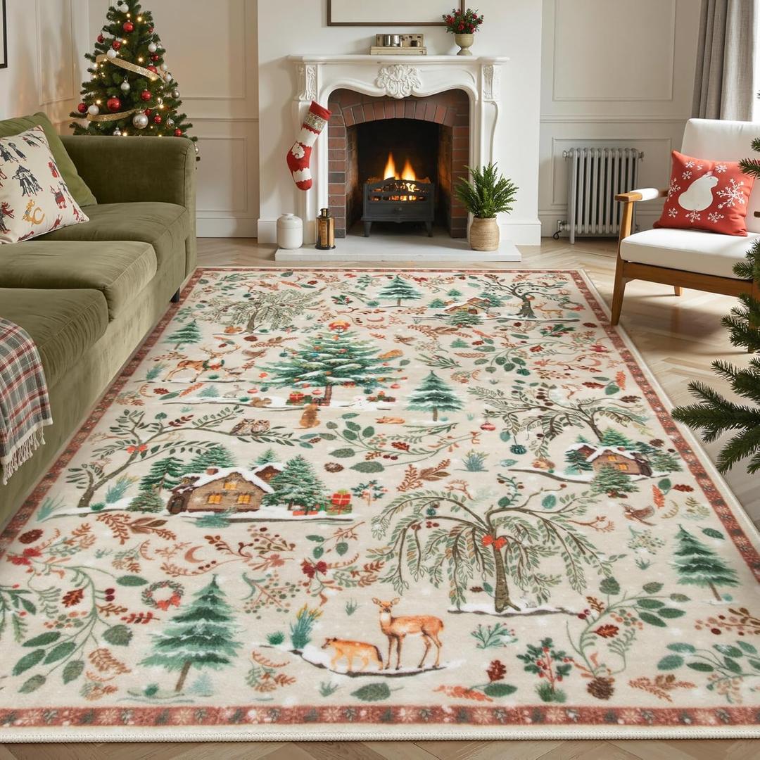 Lahome Christmas 5x7 Area Rug, Washable Soft Rug for Living Room, Non Slip Xmas Tree Ultra Thin Bedroom Rug, Indoor Floor Carpet for Dining Room Winter Holiday Decor, Beige