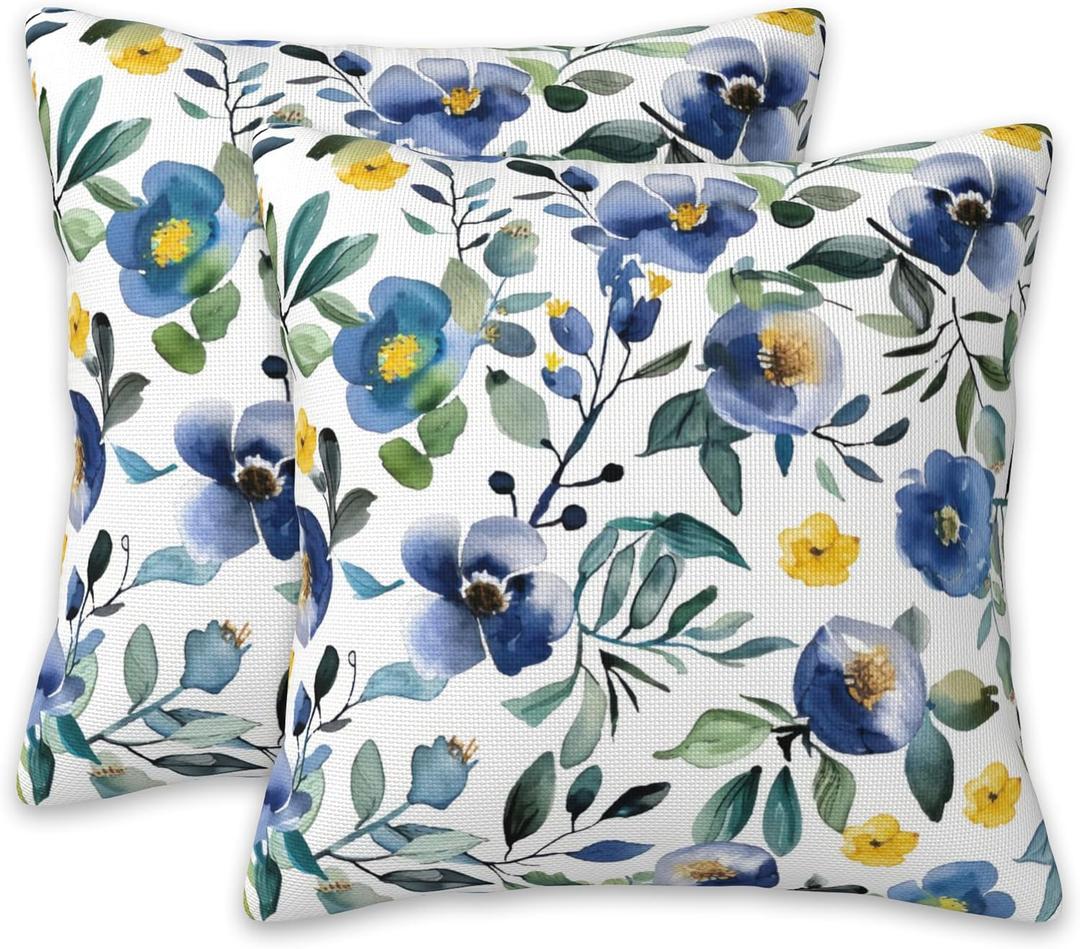 Blue and Yellow Flowers Pillow Covers 18X18 Set of 2, Watercolor Abstract Floral and Leaves Decorative Throw Pillow Covers, Pillowcase Cushion Case for Home Sofa Couch Indoor Outdoor