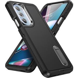for Moto Edge Plus 2022 Case Moto Edge 30 Pro Case with Kickstand 3-Layer Military Grade Protective Cover Silicone Shockproof for Motorola Moto Edge Plus+ 2022 Phone Case (Black+Black)