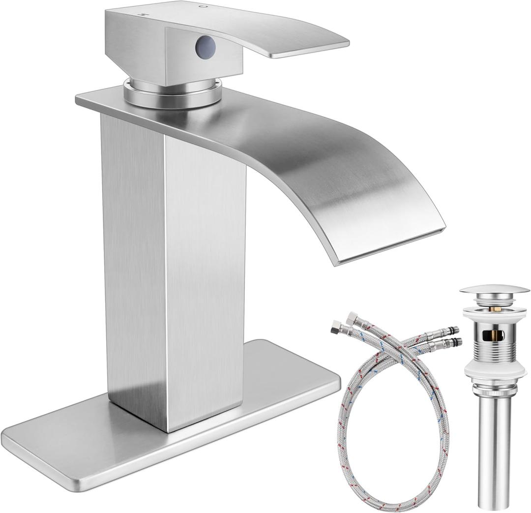 Onader Bathroom Sink Faucet for 1 or 3 Hole, Brushed Nickel Single Handle Waterfall Bathroom Faucet for Vessel Vanity Sink, Pop Up Drain and Water Hoses Included
