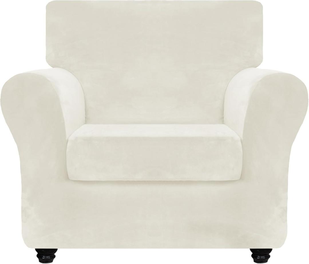ZNSAYOTX Luxury Velvet Chair Slipcovers with Arm 2 Piece Stretch Chair Covers for Living Room Thick Soft Armchair Slipcover Anti Slip Pet Friendly Furniture Protector (Beige),30"-47"(1 Cushion)