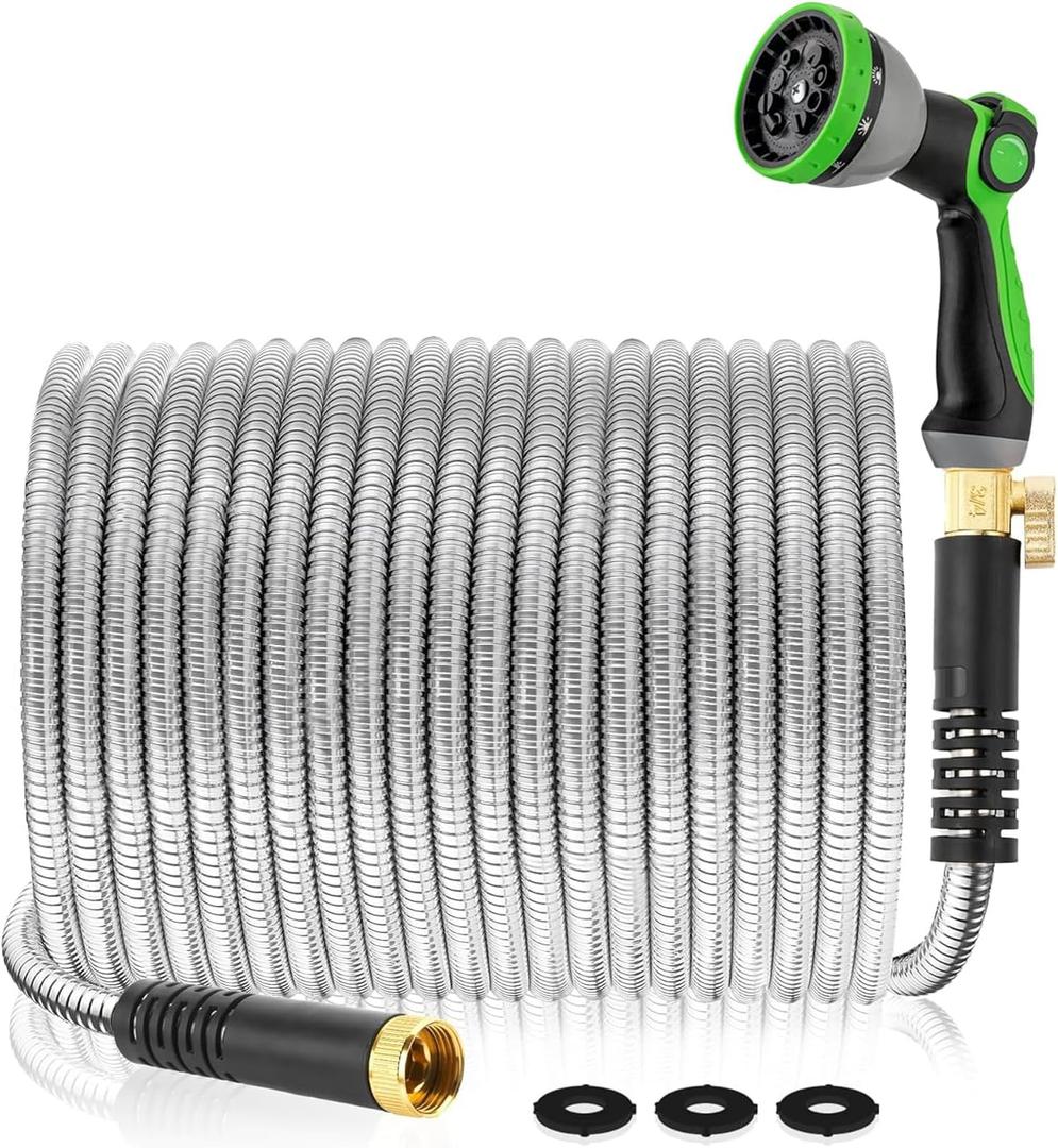 Metal Garden Hose 200Ft Stainless Steel Water Hose Heavy Duty with 10 Way Nozzle-Flexible Lightweight Durable No Kink & TangleStrong 3/4 Solid Metal Fitting Shut-Off Valve for Outdoor Yard (Silver)