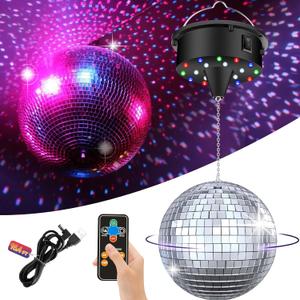 Disco Ball with Motor and Light, 5/8/10/15 RPM Adjustable Speed Rotating Motor with 6 Inch Hanging Mirror Ball, 4 Light Colors and 18 LEDs for DJ Club, Theme Party