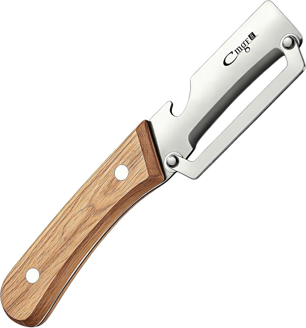 Vegetable Peeler, Stainless Steel Wooden Handle for Fruit, Potato | Multifunctional, Zero-Snag Flex, Built-in Bottle Opener, Ergonomic Nonslip Right Grip, Heavy Duty Veggie Apple Kitchen Tool