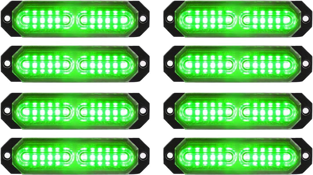 ASPL 8pcs Sync Feature Ultra Slim 12-LED Surface Mount Flashing Strobe Lights for Truck Car Vehicle LED Mini Grille Light Head Emergency Beacon Hazard Warning Lights (Green)