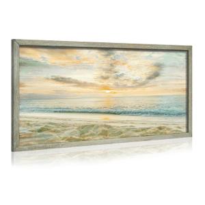 Ocean Wave Framed Wall Art: Sunset Beach Wooden Painting Modern Coastal Seascape Picture Sea Seaside Prints Artwork for Bedroom Bathroom Living Room