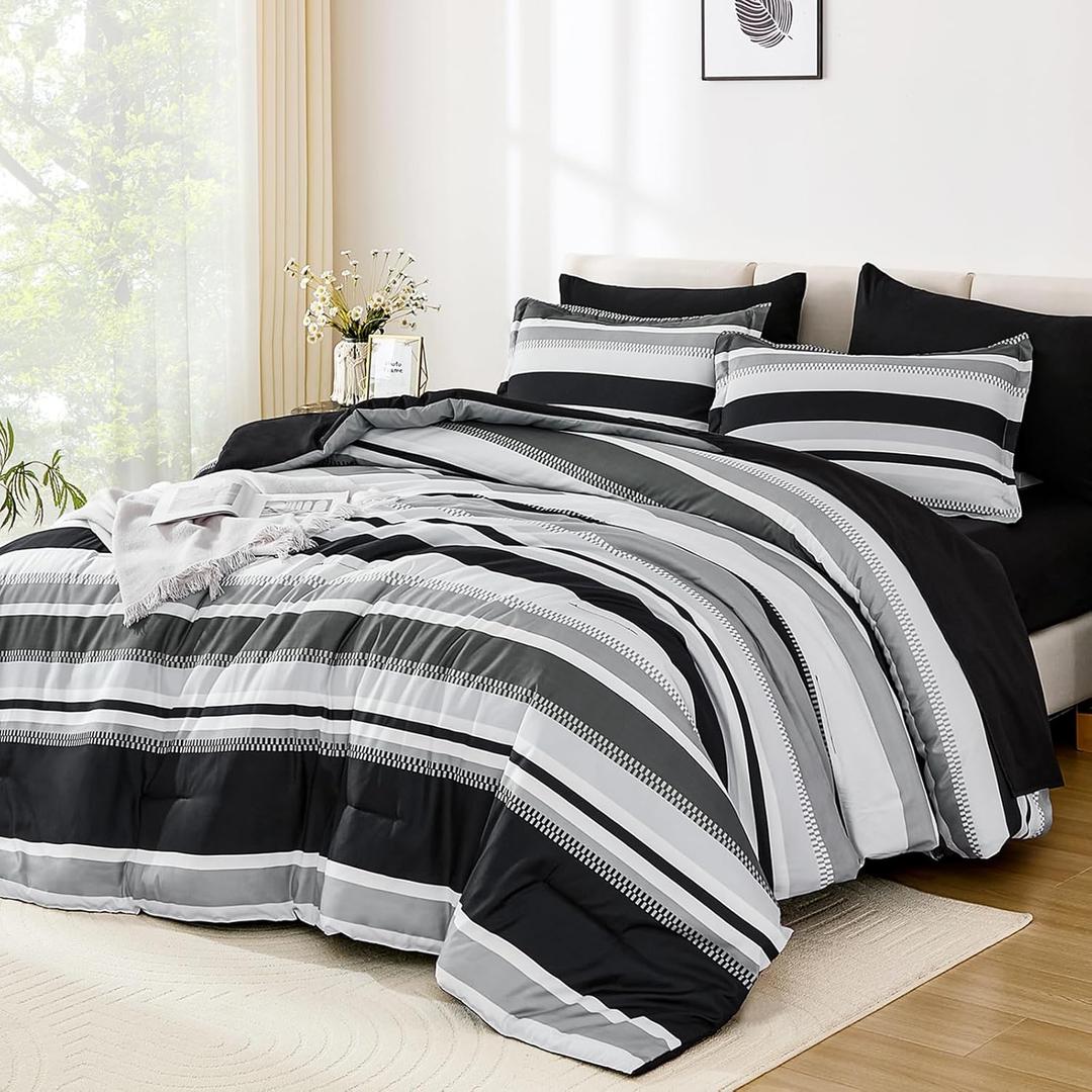 WONGS BEDDING Queen Size Comforter 7 Pieces, Black Queen Comforter Set with Sheets, Boho Striped Bed in a Bag Soft Micorfiber Bedding Set for All Seaon (90"90")