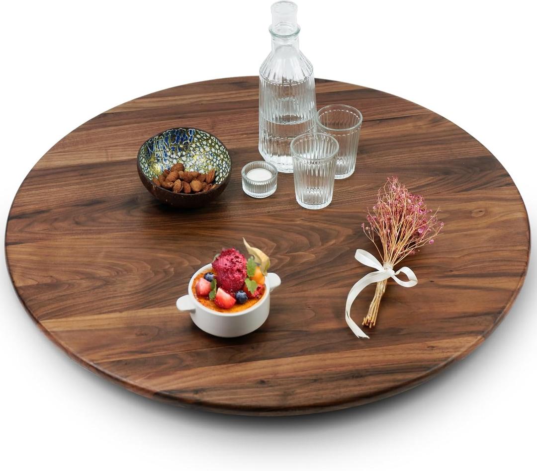 30 Inches Black Walnut Wood Lazy Susan Organizer, Solid Wooden Round Turntable, Rotating Tray for Table Top/Counter Top